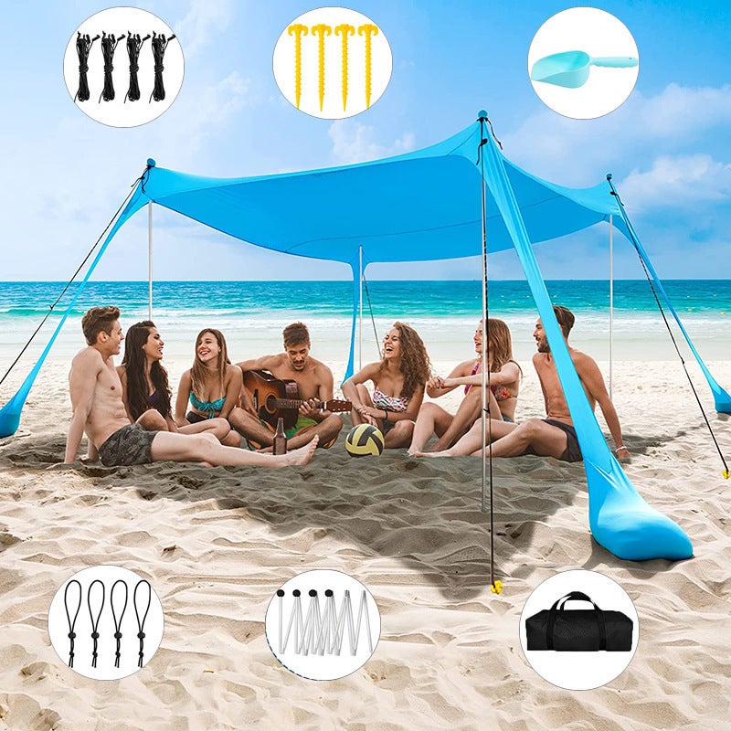 abri-plage-202khk-1.jpg Abri de plage – Bâche de camping portable – 4 mâts en aluminium – Pare soleil – Protection UV – Abri d'extérieur – (300 x 300 x 200 cm) – Image 1