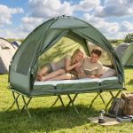 Ensemble tente de camping pour 2 personnes avec lit de camp et matelas gonflable, vert