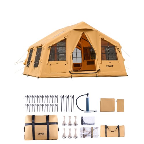 camping-pour-tente-902ugs-1.jpg VEVOR Tente de Camping Gonflable, 4,8x3,6x2,2 m, Tente de Glamping de Luxe pour 8 à 12 Personnes avec Pompe à Main, 2 Puits de Lumière, Auvent, ... – Image 1