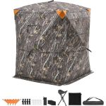 Mophorn Abri de Chasse Thermique pour 2 3 Personnes, Tente de Camouflage Portable avec Sac de Transport et Chaise, Cache de Chasse avec Porte Silencieuse à Fermeture Éclair et Fenêtres pour Chasseurs