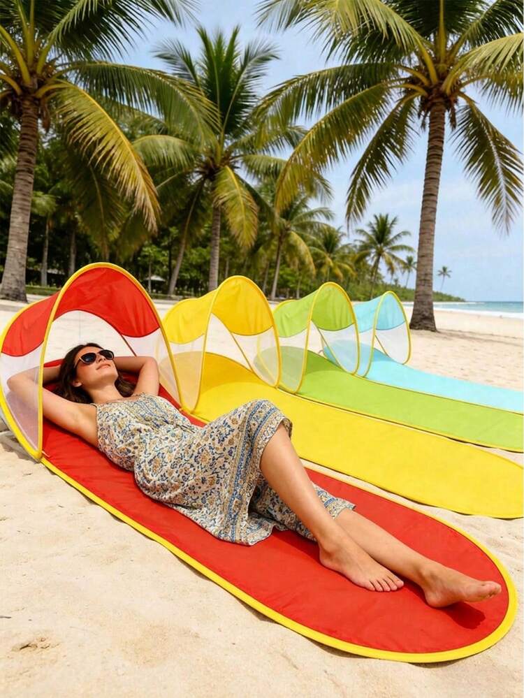 tente-de-plage-anti-uv-939pdd-1.jpg Tente de plage portable, chaise de loisirs de plage, parasol anti UV, conception pliante rapide avec sac de rangement, convient pour la plage, le camping, le vélo, la randonnée, 4 couleurs (rose/bleu/vert/jaune), installation – Image 1