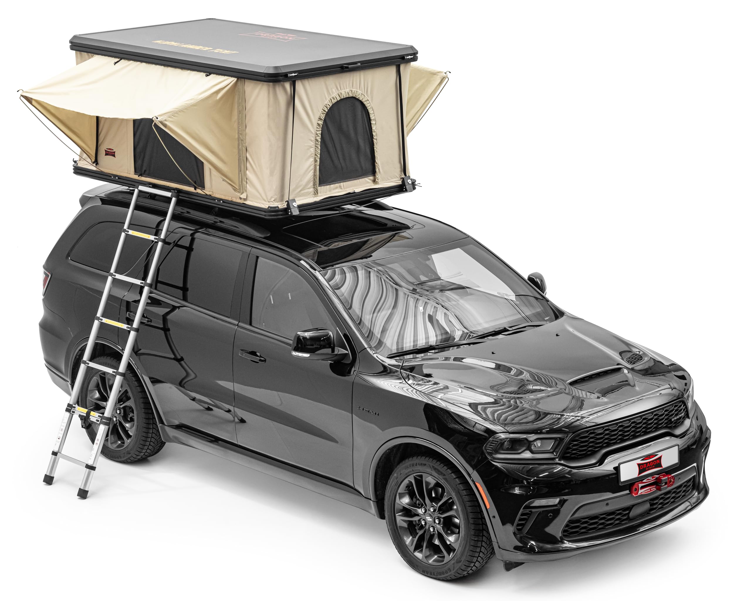 tente-de-toit-pas-cher-342syb-1.jpg Dragon Winch Tente de Toit pour Voiture 2 Personnes Toit Rigide en Aluminium avec Matelas, échelle télescopique, Poches pour Accessoires et ... – Image 1