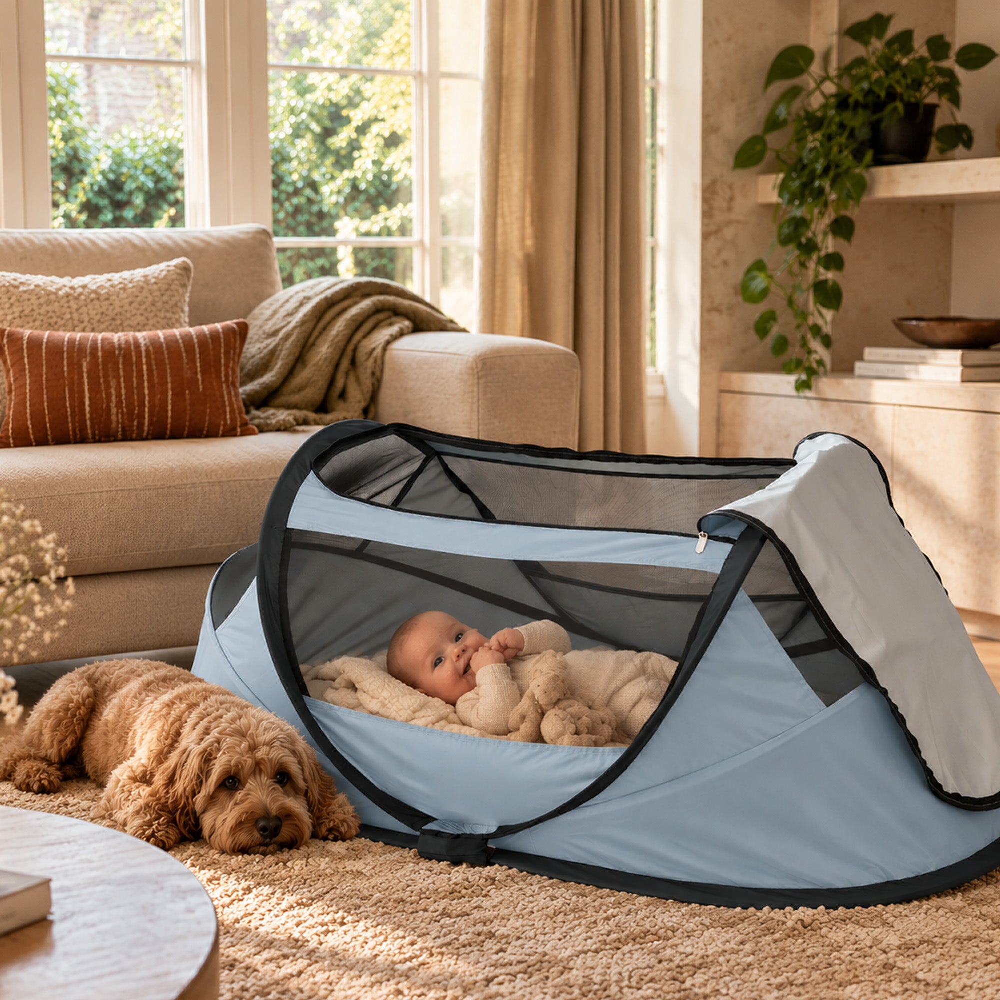 tente-deryan-381rdg-1.jpg BabyBox : petite tente pour bébé, lit de voyage + couverture en coton Bleu ciel – Image 1