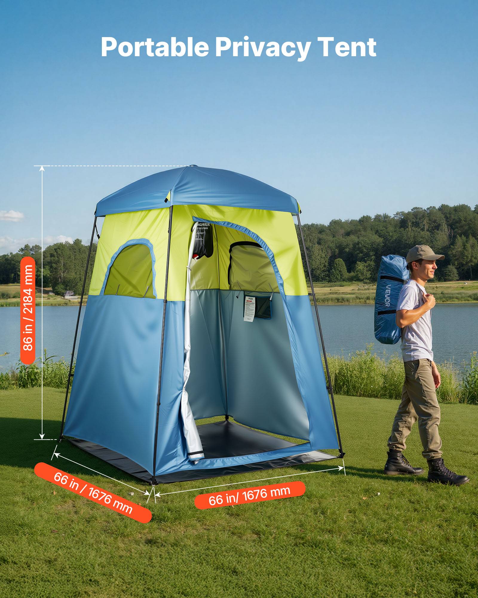 tente-douche-camping-154afz-1.jpg VEVOR Tente de douche camping, abri d'intimité portable 167x167x218 cm, Oxford 150D, UPF 50, imperméable, sac de douche inclus. Gamm vert – Image 1