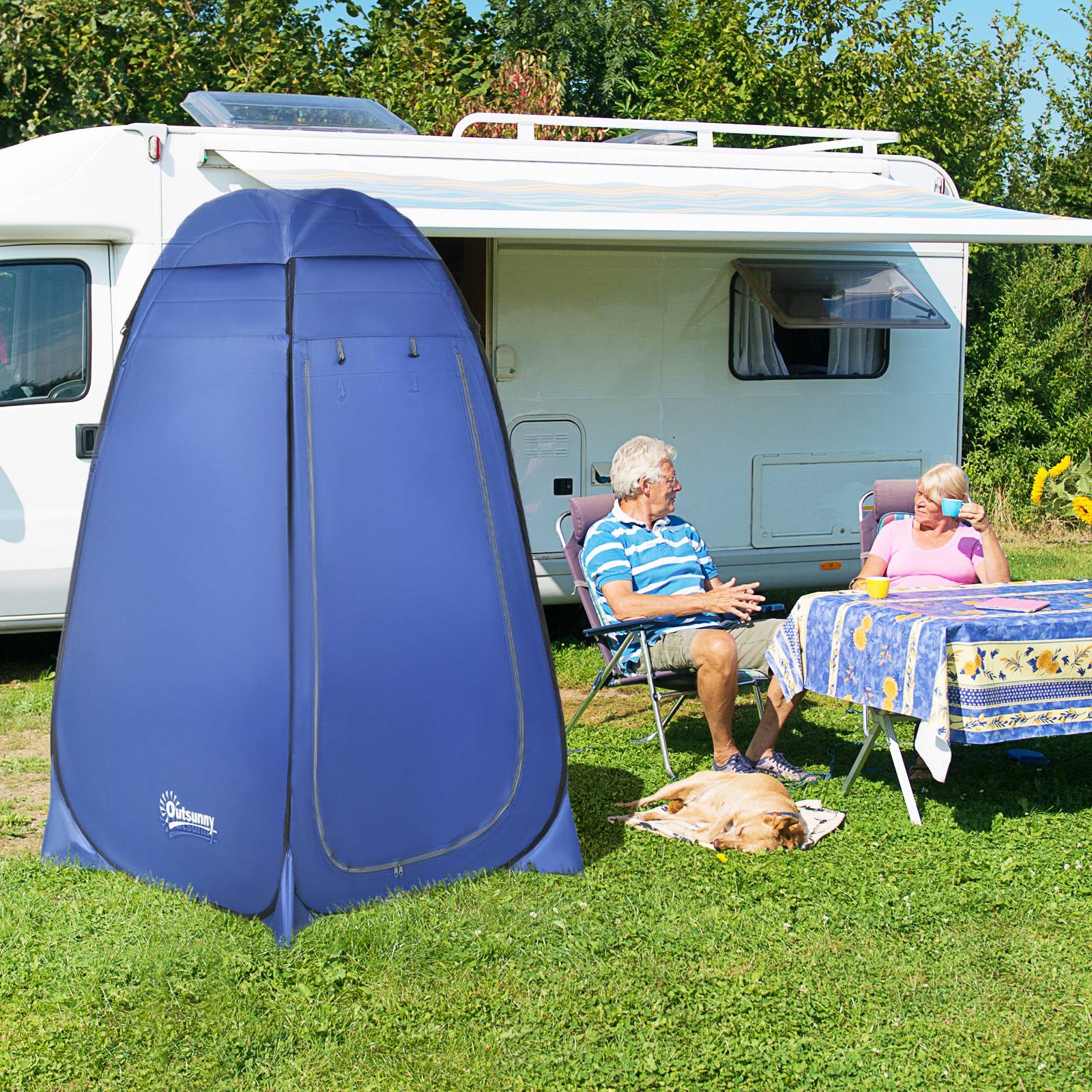 tente-douche-camping-593gal-1.jpg Tente Douche Pop up Polyester Camping Plage Vestiaire WC Poche 120x190cm Bleu ComfortXL Outdoor Living – Image 1