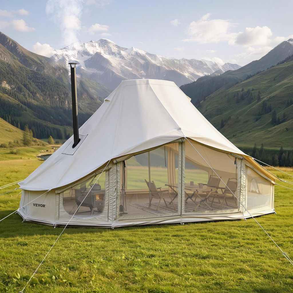 tente-tipi-4-saisons-588ict-1.jpg VEVOR, tente tipi pour 4 saisons, dimensions 6x4x3,1 m, avec passage pour conduit de cheminée et housse de pluie, tissu en polycoton, capacité pour – Image 1