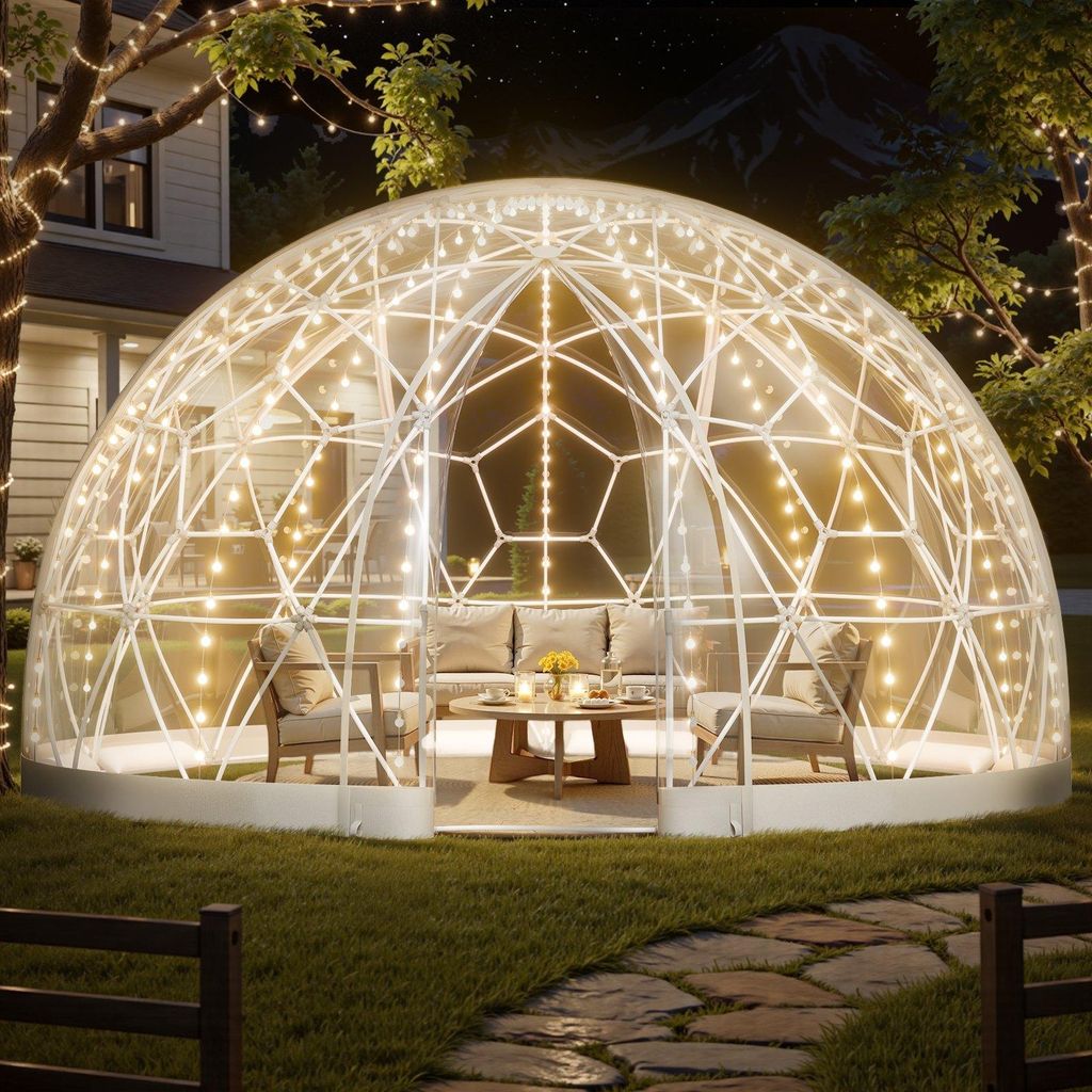 tente-transparente-278yho-1.jpg VEVOR Dôme de jardin, tente bulle transparente de 4,57 x 2,9 m pour 10 à 14 personnes, serre géodésique avec fenêtre, tente en PVC pour jardin, – Image 1