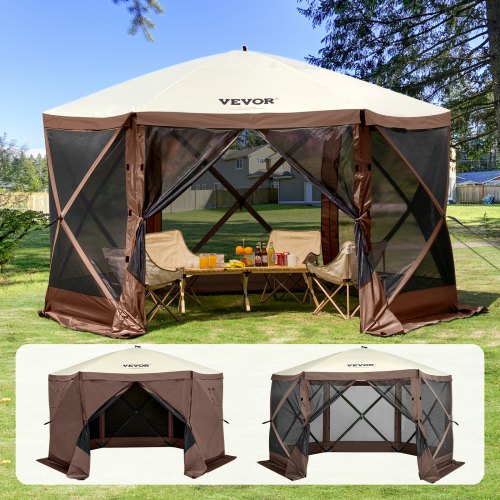 tonnelle-de-camping-221ngz-1.jpg VEVOR Tonnelle pop up, 3,81x3,81 m, tente à moustiquaire escamotable polygone à 6 côtés, abri solaire à réglage rapide avec 6 toiles coupe vent ... – Image 1